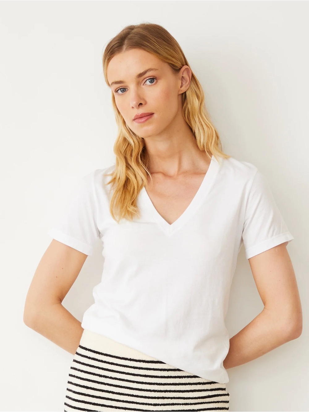 Monrow White Cotton Short Sleeve V-Neck Basic Minimalist T-Shirt Size Large
